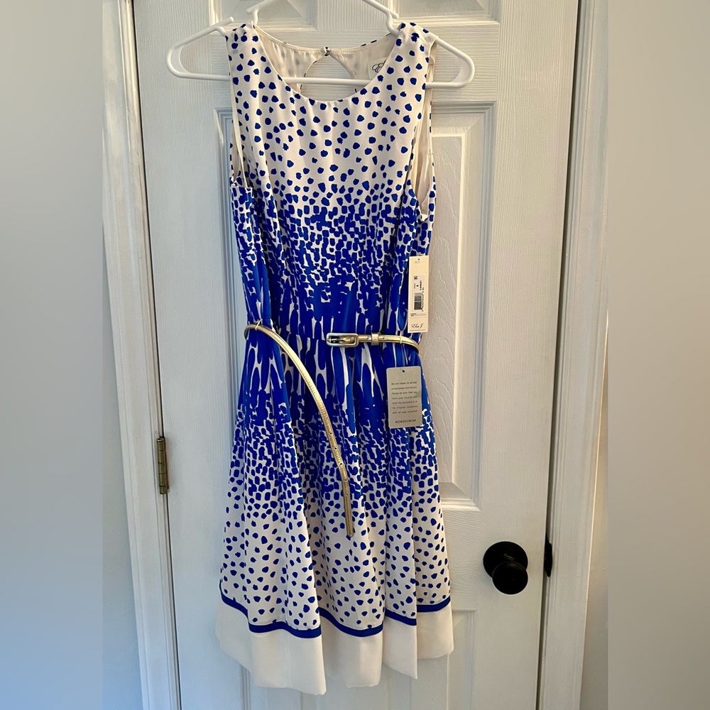 Eliza J blue and white fit and flare dress with back keyhole cutout. NWT Size 6.